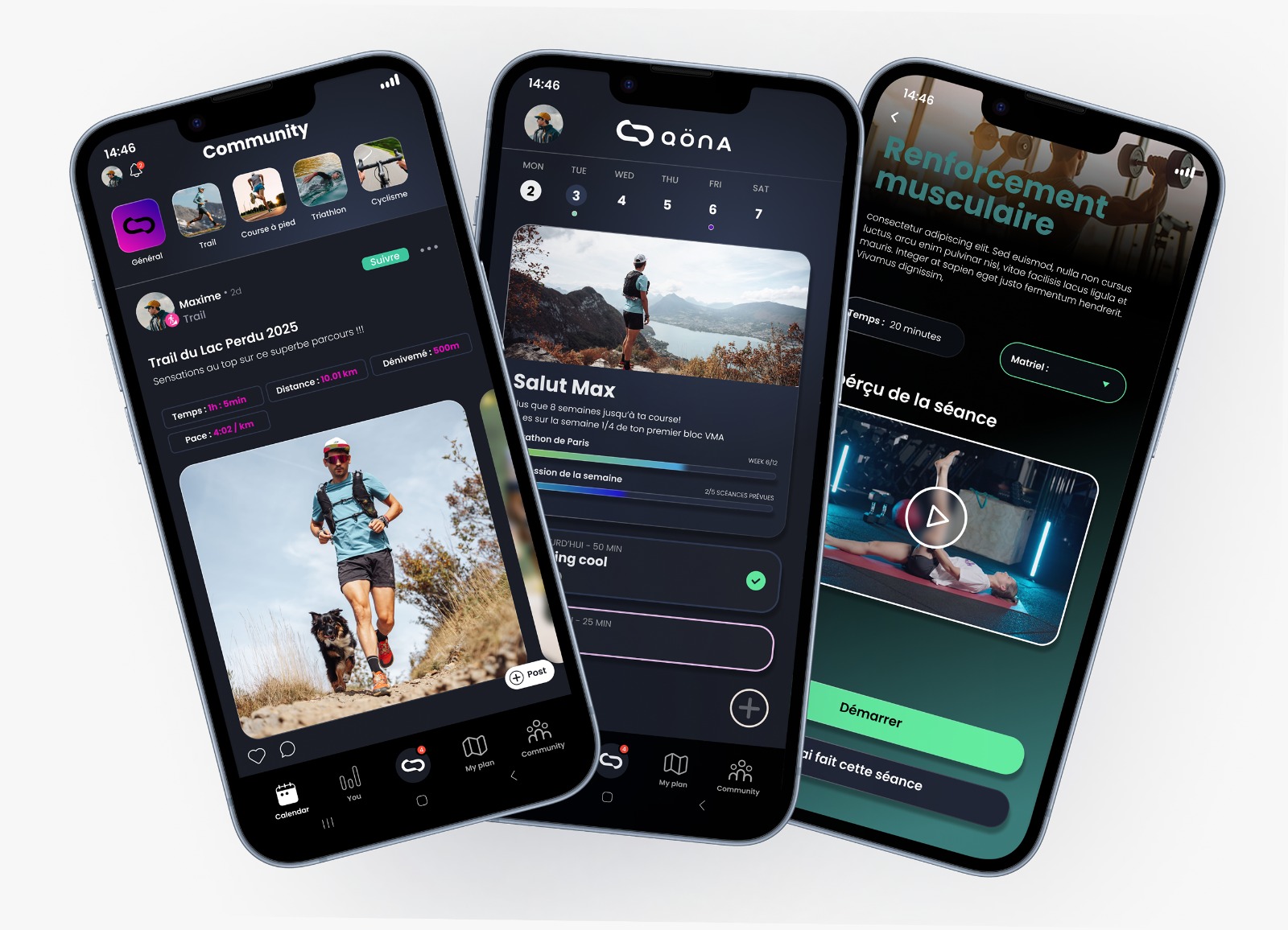Aperçu de l'application Qöna : communauté, plan d'entraînement et séances